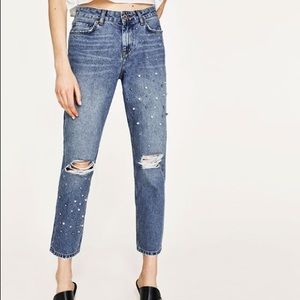 Zara Pearl-Embellished/Distressed Jeans